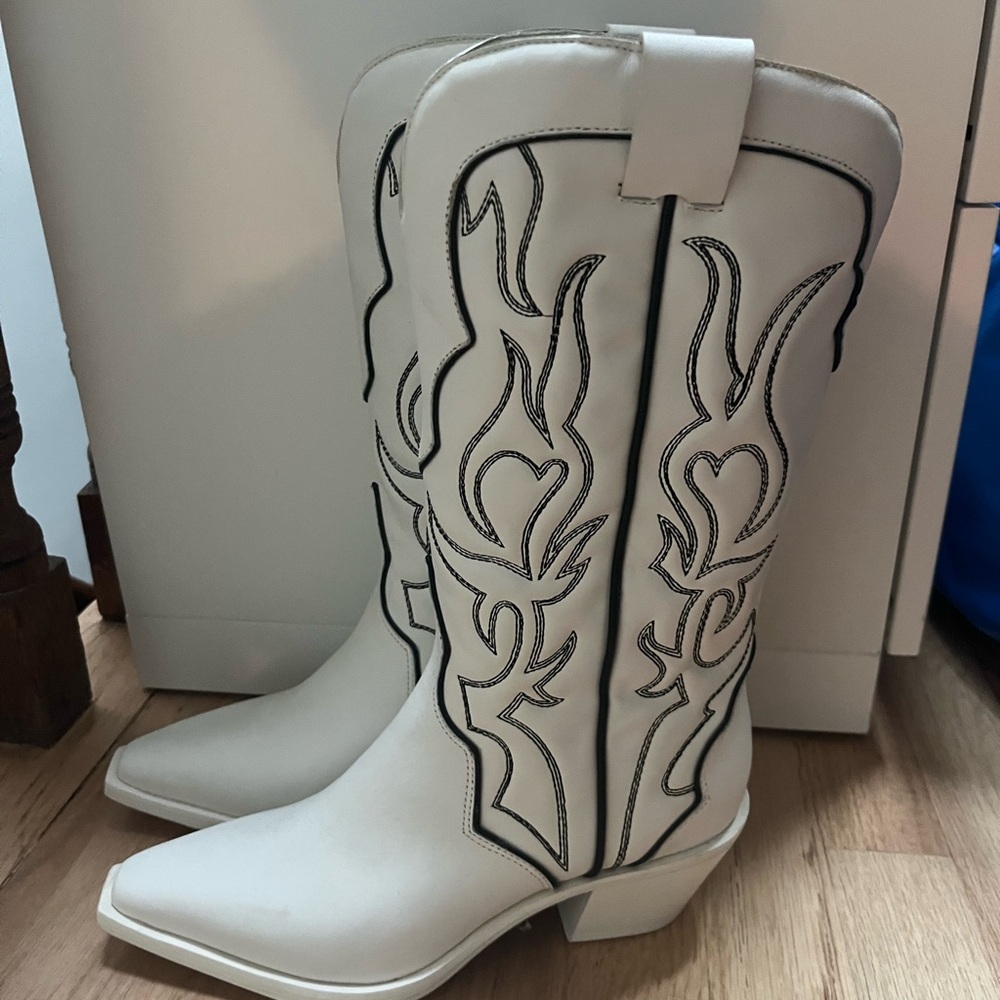 Reformation Cream Embroidered Heeled Boots